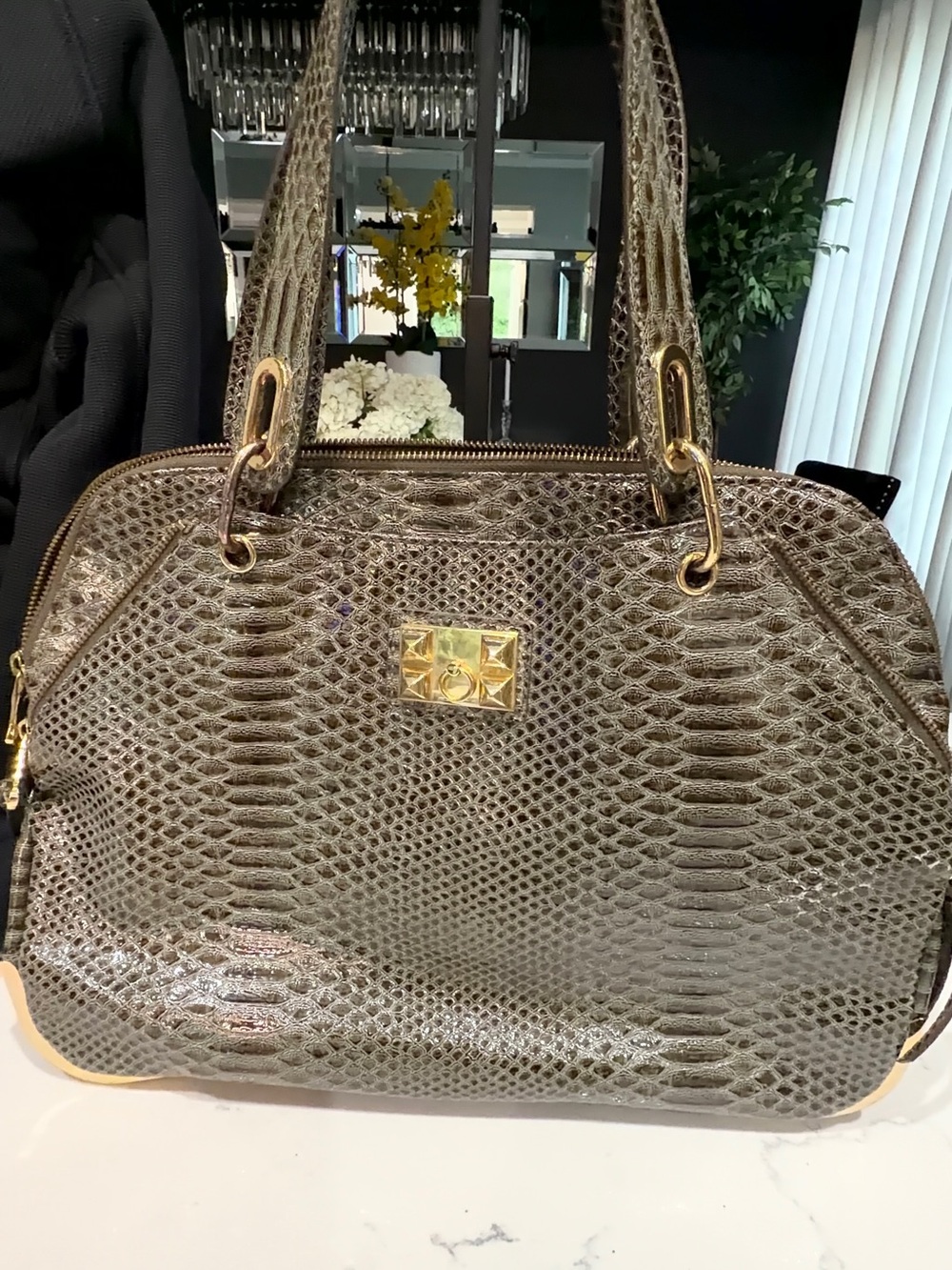 Gianni Bini Olive Green Snake-Embossed Satchel with Gold Hardware